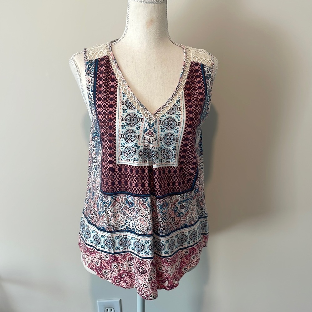 Lucky Brand Bohemian Crochet Detail Patchwork Sleeveless Top size medium